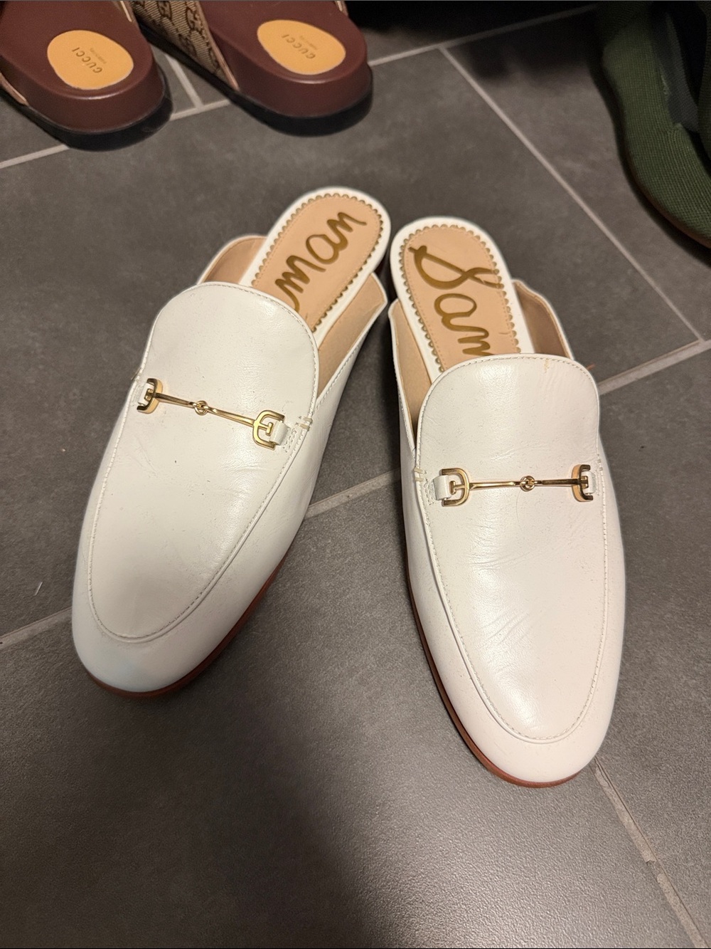 Sam Edelman White Leather Backless Horsebit Mules